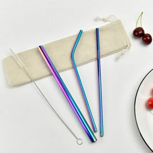 4pc Stainless Steel Rainbow Drinking Straw Kit, inc Extra Wide & Brush + Pouch - Picture 1 of 12