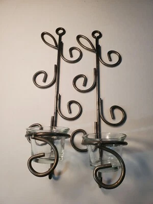 Wall Hanging Candle Holder Metal 13 Inch Sconce Set Of 2 Glass Holders Included - Image 1 of 4