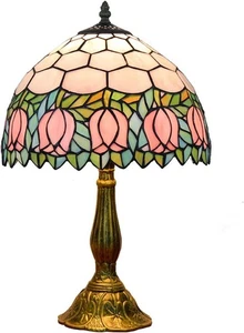 Tiffany Style Stained Glass Floral Pink Tulip Lily Table Lamp Home Decor Light - Picture 1 of 11