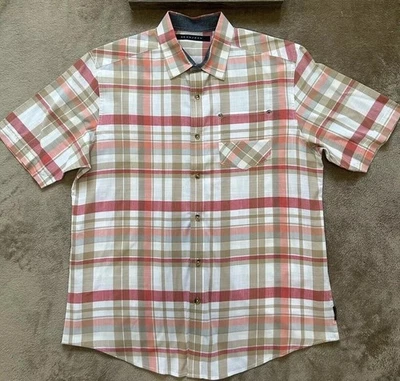 Sean John XL Button Up SS Casual Shirt Men Plaid Tan Coral Collar Thanksgiving - Image 1 of 3