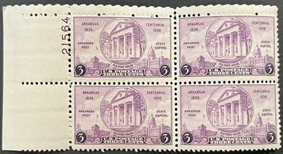 U.S. Scott #782, Plate Block of 4, Arkansas 100th Anniversary, F-VF, MNH - Image 1 of 2