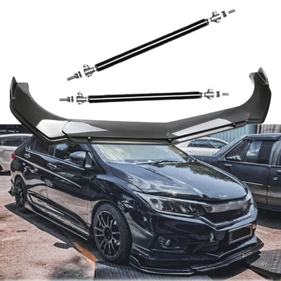 For Honda City 2010-22 Carbon Front Bumper Lip Spoiler Splitter + Strut Rod Foto 1 de 4