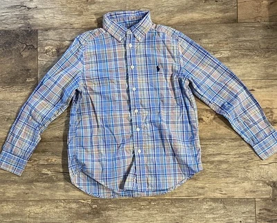 Camisa xadrez Ralph Lauren masculina M 10/12 azul laranja amarelo branco botão para baixo em excelente estado usado - Imagem 1 de 4