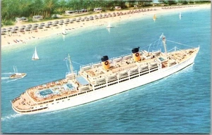 Vintage HOME LINES Cruise Ship Postcard M/S ITALIA Artist's Aerial View / Unused - Picture 1 of 2