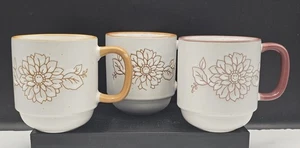 Set of 3 Heartland Hive Speckled Stoneware Stackable Coffee Mugs Floral - Picture 1 of 9