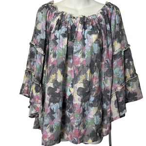 Zac & Rachel Woman Peasant Boho Flare Ruffle 3/4 Sleeve Top Gray Floral 2X NWT - Picture 1 of 16