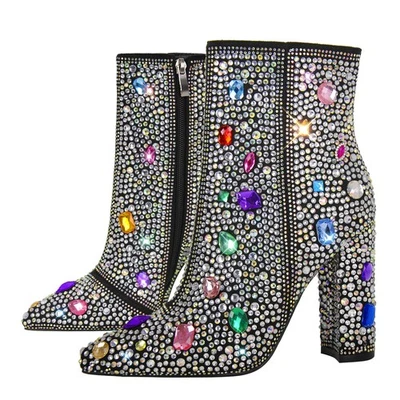 Botines al tobillo de tacón grueso con punta de estrás para mujer talla US9,5 Foto 1 de 2