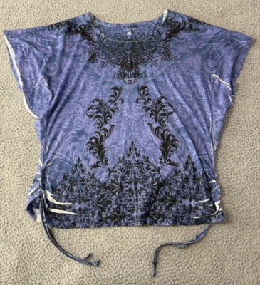 Fashion Bug Multicolor Beaded Short Sleeve Side Cinch Polyester Top Size XL - Image 1 of 4