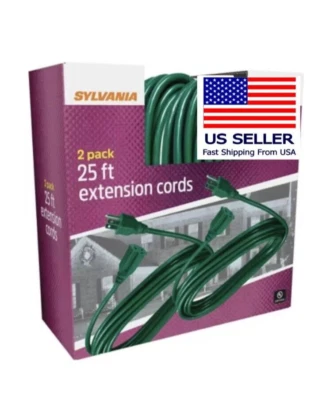SYLVANIA TWIN PACK! 25 Foot 16/3 Outdoor Green Extension Cords (50' Total) -NEW! - Image 1 of 4