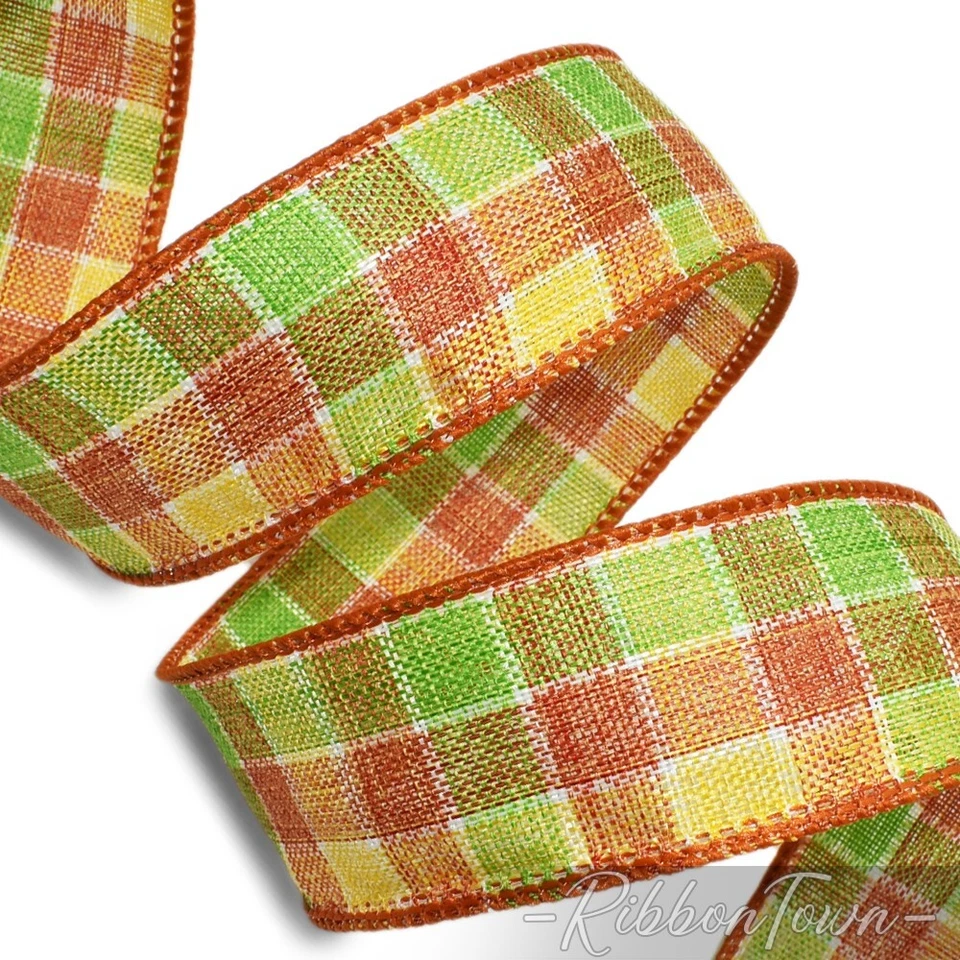 Cinta con cable a cuadros naranja marrón verde amarillo cosecha otoño otoño otoño 5 yardas 1 1/2" W Foto 1 de 1