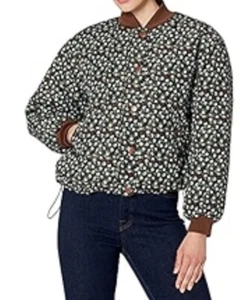 Womens Floral Quilted Bomber Jacket L Brown & Blue NWT - Picture 1 of 11