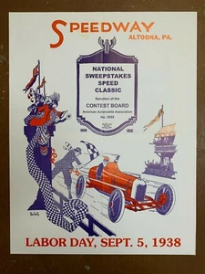 Cartel vintage 1938 Natl Sweepstakes Auto Races Penn 22X17 garaje de carreras - Imagen 1 de 1