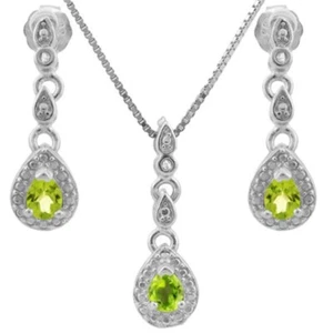 S88 PERIDOT & GENUINE DIAMOND PLATINUM OVER 925 STERLING SILVER SET - Picture 1 of 3