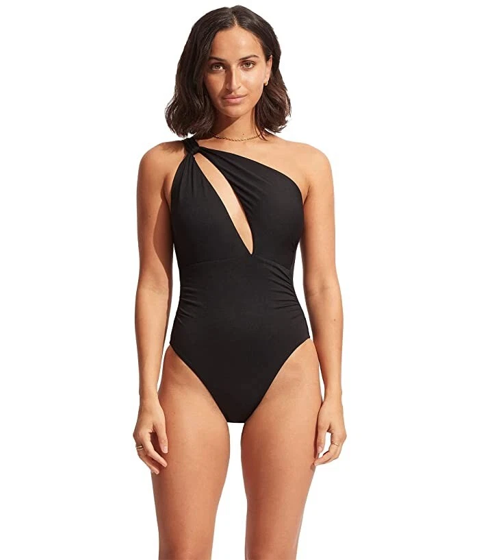 Seafolly Women's Black One Shoulder One Piece Swimsuit Size 6