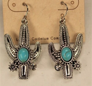 Crystal Avenue Silver Tone Cactus Dangle/Drop Hook Earrings - Picture 1 of 4