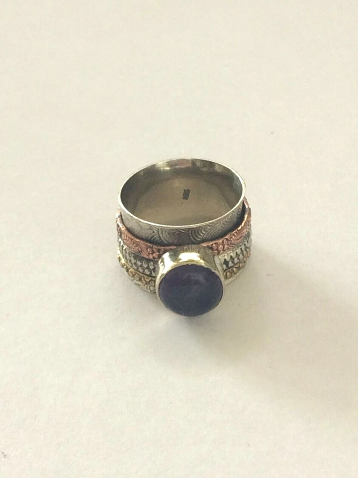 .925 PLATA ESTERLINA CHAPADO TRIPLE TONO AMATISTA BANDA ANCHA SPINNER B938 TALLA 8 Foto 1 de 1