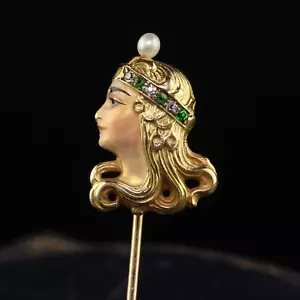 Antiguo prendedor Art Nouveau de oro amarillo de 18 quilates diamante perla demantoide dama - Imagen 1 de 4
