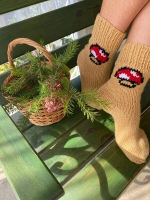 Meias de cogumelos feitas à mão Cottage Core com bordado - Imagem 1 de 4