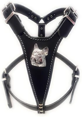 M&D LEATHER Beautiful Black Leather Dog Harness with French Bulldog Head Motif