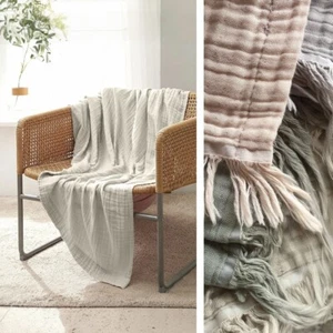 NEW West Elm Boho Beige Tassel Waffle Knit Muslin Gauze Throw Blanket 55" x 60" - Picture 1 of 10