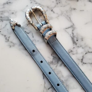 Brighton Leather Women’s Belt Powder Baby Blue Silver Floral Buckle Size S/28" - Picture 1 of 6