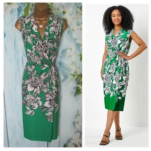 NEW LADIES ROMAN DRESS SIZE 16 PETITE, Green Floral Ruched stretch Wrap Dress - Picture 1 of 13