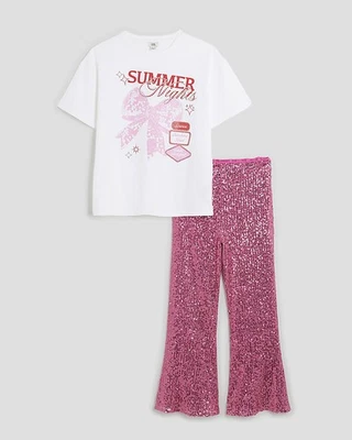 River Island Girls 2 Piece Set Pink Sequin Flared T-Shirt Trousers Graphic Print
