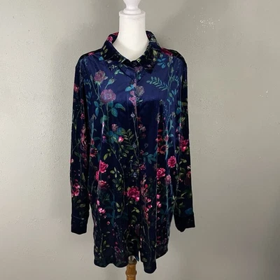 Blusa túnica Belle by Kim Gravel Top para mujer XL terciopelo floral oscuro bolsillos azules Foto 1 de 4
