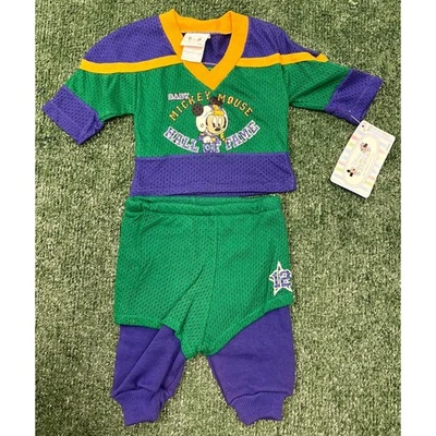 Vintage Y2K Disney Babies Jersey Pants Set Boys 0-6M Green Blue Hall of Fame - Image 1 of 4