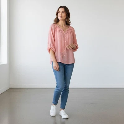 Top túnica mujer Westbound coral rosa punto cuadrado gasa manga 3x lengüeta enrollable Foto 1 de 4