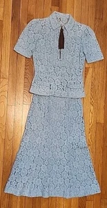 Antique Vintage 30s Blue Crochet Lace Skirt Top Dress Set XS/S - Picture 1 of 23