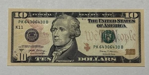 $10 Banknote Bill Federal Reserve 2017 PK B SERIES FANCY SERIAL NUMBER REPEATER - Picture 1 of 9