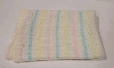 Manta bebé vintage rayas pastel amarillo azul rosa tejido gofre suave Foto 1 de 4