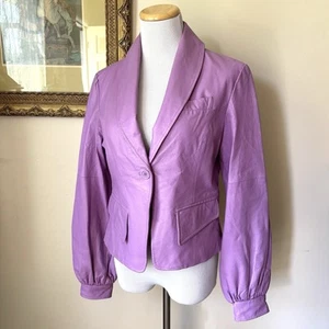Vintage Purple Leather Jacket Blazer Womens 8 One Button Y2k Puff Sleeve Funky - Picture 1 of 8