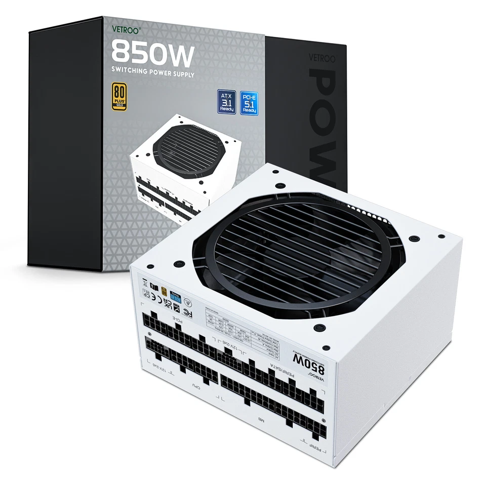 Vetroo 850W Power Supply Dual PCIe 5.1 ATX 3.1 Ready 80+ Gold Full Modular PSU - Image 1 of 4