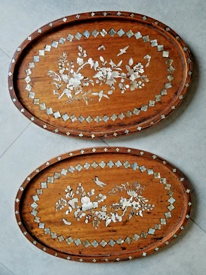 2 anciens plateaux bois et nacre  Chine Asie Indochine fleurs oiseaux papillons - Photo 1/4