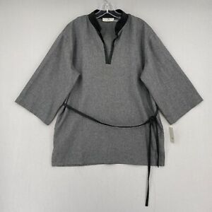 NEW Natori Crosshatch Tunic W/ Faux Leather Size Medium Gray Kimono Sleeve READ