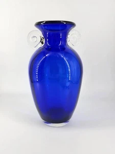 Vintage Blenko Style Cobalt Blue Applied Handles Glass Large Vase 11.5" High - Picture 1 of 15