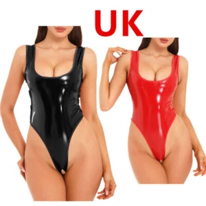 UK Womens One-Piece Shiny Wetlook PVC Leather Bikini Leotards Swimwear - Picture 1 of 37