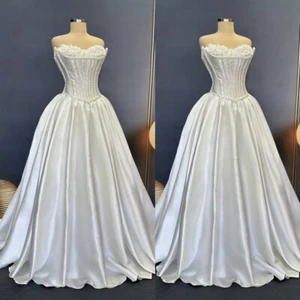 Silk Satin Wedding Dresses Plus Size Strapless Beaded Sweep Train Bridal Gowns - Picture 1 of 10