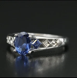 10K SOLID WHITE GOLD LAB CREATED SAPPHIRE & GENUINE DIAMOND RING SZ 6.5 - Picture 1 of 12