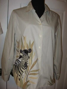 TOGETHER, Vintage,Button Front Zebra Blouse,Cotton Woven,Beige,Long Slv, 16 - Picture 1 of 11