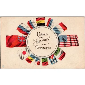 Original WWI Era Postcard - Flags of Allys - United for Humanity & Democracy - Picture 1 of 2