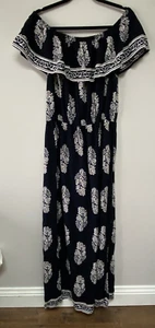 Kori America Damen marineblau schulterfrei Maxi Paisley Kleid große elastische Taille - Bild 1 von 9