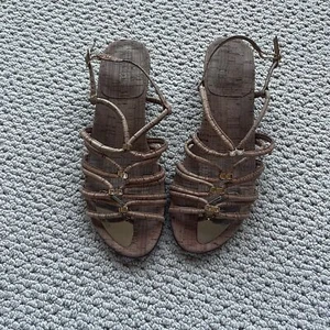 Stuart Weitzman Cork lace up Strappy Low wedge gold accent Sandals Slides Strap - Picture 1 of 4