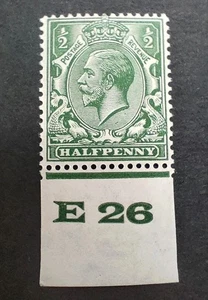 GB KGV 1924-26 1/2d Green. SG418. Control number E26. Mounted Mint. - Picture 1 of 2