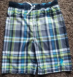 US Polo Assn Boys L Swim Trunks 14 / 16 Board Shorts Plaid Beach Green Summer - Picture 1 of 7