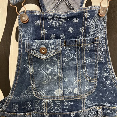 No Boundaries NOBO Women's Medium Denim Bib Shorts Bandana Print - Image 1 of 4