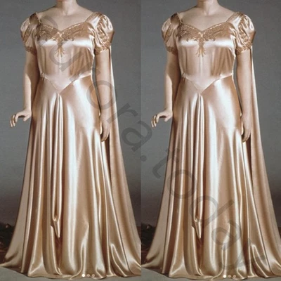 Victorian Satin Champagne Wedding Dresses Short Sleeve Full Length Bridal Gown - Image 1 of 4