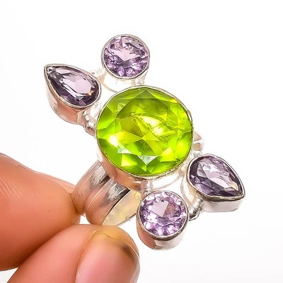 Peridot & Amethyst Gemstone Silver Plated Jewelry Ring s.7 TR7508-1941 - Image 1 of 3